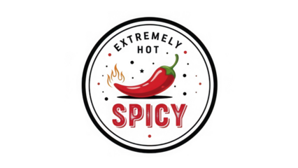 Spicy food sign with red chili pepper and flames