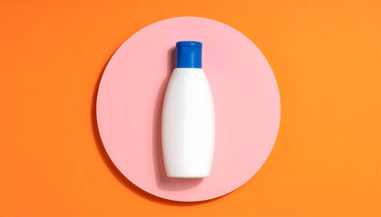 Clean white cosmetic container with blue cap displayed on a pastel pink circle, creating a fresh and modern composition ideal for beauty products, packaging design, and branding visuals.