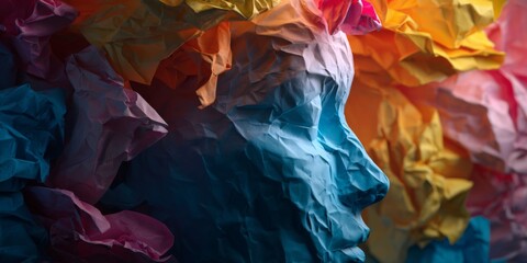 Artistic Profile of a Paper Sculpture with Colorful Crumpled Elements Reflecting Creativity and Imagination in a Unique Visual Display
