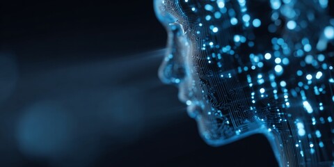 Futuristic digital human face with glowing circuit patterns representing artificial intelligence and advanced technology in a dark background