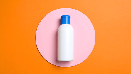 Minimalist cosmetic bottle mockup centered on a soft pink circle over vibrant orange background, perfect for skincare branding, product presentation, and modern beauty advertising concepts.