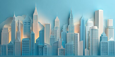 Stylish paper cutout skyline cityscape with illuminated elements showcasing modern architecture against a soft blue background for creative projects