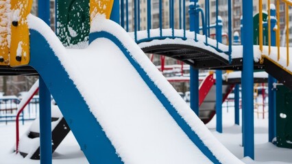 Snow covered blue playground slide with yellow climbing panels in winter park with residential buildings background during cold season