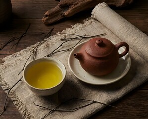 Traditional Chinese Tea Set: Rustic Clay Teapot and Cup with Herbal Tea on Wooden Table