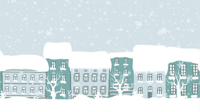 Winter Town under Snowing. Animation. Seamless Border. Snow-covered Houses. Christmas Background. Winter Landscape. Blue Houses, Trees, Snowflakes. Winter Video in Blue, White