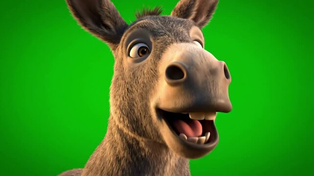 A detailed, funny cgi animated donkey is captured in a cheerful close-up, laughing heartily against a vibrant green screen background.