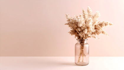 Soft dried florals arranged in a clear glass vase against a pastel background, creating a calm, elegant atmosphere perfect for interior decor, lifestyle branding, and minimalist design concepts.