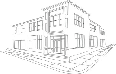 Architectural line drawing of modern two story corner building, commercial property storefront, urban city perspective, vector