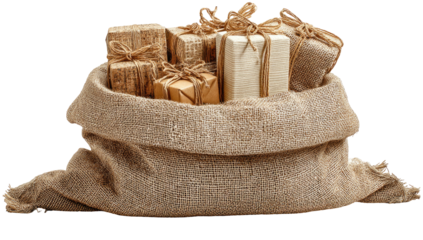 Burlap bag brimming with rustic, tied, earth-toned gifts