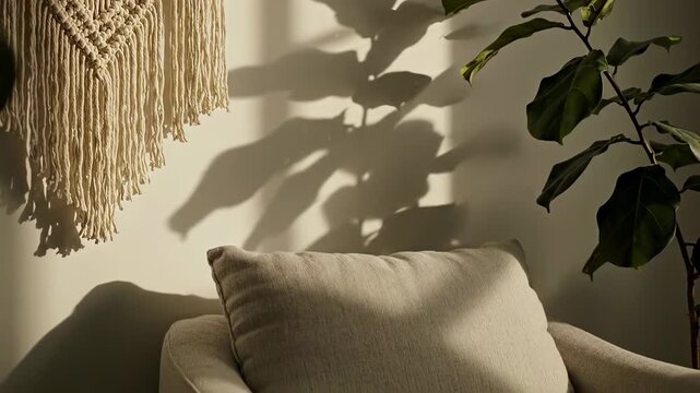 Cozy Living Room Corner with Macrame and Plant Shadows.