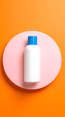 Minimal cosmetic bottle with blue cap on vibrant pastel background, modern and clean composition suitable for skincare branding, product mockups, advertising, and beauty marketing.