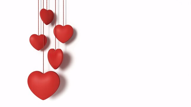 Red heart decorations hanging on strings, minimal valentine design elements, romantic symbols