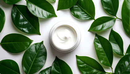 Elegant top-view of a moisturizing cream jar surrounded by glossy green foliage, representing sustainable skincare, freshness, and nature-inspired self care.