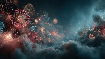 Fototapeta premium Colorful fireworks illuminating the night sky with clouds and smoke.