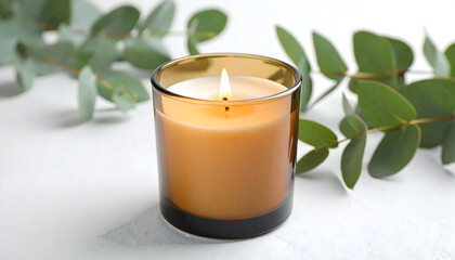 Warm candlelight shining through amber glass with botanical accents, expressing comfort, relaxation, and refined home ambiance suitable for wellness and self-care visuals.