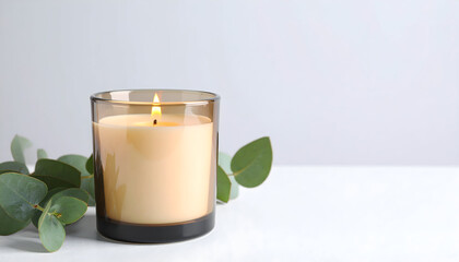 Elegant candle glowing inside a dark glass container, paired with green foliage on a clean background, evoking a cozy mood, luxury interior styling, and tranquil lifestyle themes.