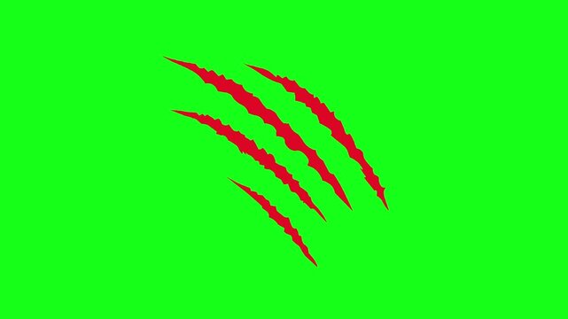 Carton-style animal claw scratch effect. Animation of claws tearing through a green screen surface in 4K resolution, red scratches with alpha channel.