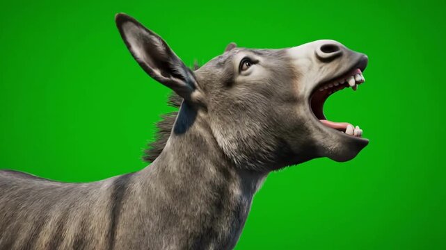 A funny, close-up stock video of a gray donkey braying loudly and laughing, isolated against a vibrant green screen background.