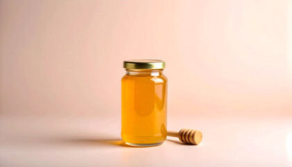 Elegant honey jar with rich amber tones placed on a clean pastel surface, featuring a wooden dipper, ideal for organic food, healthy lifestyle, and modern product mockup visuals.
