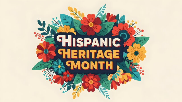 Vibrant Hispanic Heritage Month celebration typography enclosed within a lush floral wreath. Traditional Latin American folk art with colorful botanical patterns.