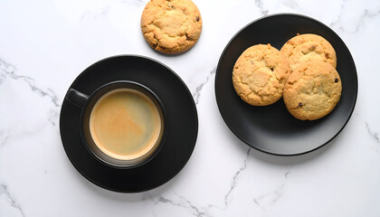 Elegant overhead scene of espresso and homemade cookies on a marble surface, highlighting warm tones and minimalist styling for coffee breaks and relaxed daily moments.