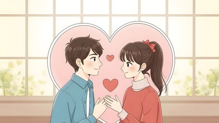 Fototapeta premium A romantic cartoon illustration of a young couple looking lovingly at each other, framed by a heart