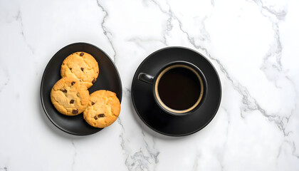 Top view of fresh cookies served with a cup of dark coffee on white marble, styled with balance and simplicity, perfect for breakfast, caf&eacute; branding, or cozy food visuals.