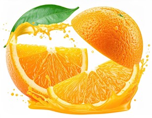 Sliced citrus with juice splash and leaf, on a white background