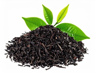 Heap of dried tea leaves with vibrant green tea leaves on top