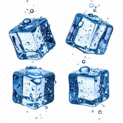 Four translucent ice cubes, glistening with water droplets, isolated