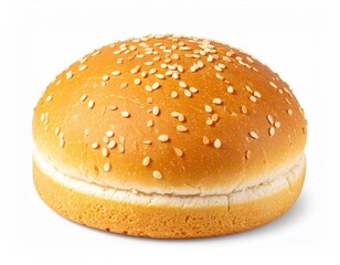 Isolated, freshly baked sesame seed bun, cut and ready for filling