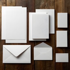 an overhead high resolution photo of an arrangement of white A4 stationery items limited to paper, envelopes and business cards only, on a wooden office desktop, make sure they are correctly
