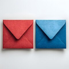 A table on which lie two envelopes, one red, the other blue, white background, HD