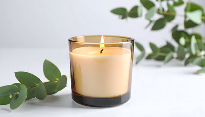 A minimalist scented candle in a glass holder with soft natural light and green leaves, creating a calm, cozy atmosphere perfect for relaxation, wellness, and modern interior concepts.