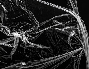 Crinkled, transparent material against a black backdrop, creating a complex pattern