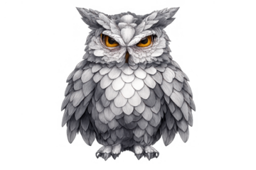 White owl with a strong gaze and detailed feathers, representing wisdom, nocturnal nature, and predator instincts. Transparent background