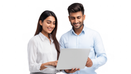 Two people collaborate on a laptop, sharing ideas, AI, PNG