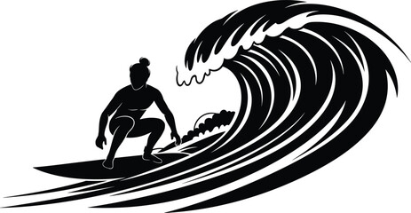 Surfer riding powerful ocean wave silhouette illustration extreme sport action isolated black vector art for stock marketing branding design
