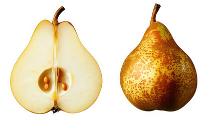 Fresh Sliced Pear with Juicy Interior and Brown Seeds Isolated on Pure White Background
