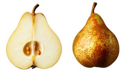 Fresh Sliced Pear with Juicy Interior and Brown Seeds Isolated on Pure White Background