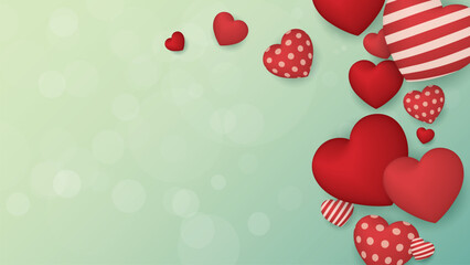 Many red heart balloons various designs floated with soft bokeh on blurred green background have blank space.