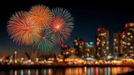 Colorful fireworks display over a city skyline at night.