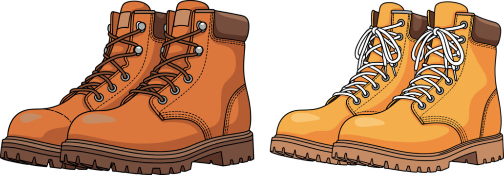 Vector illustration set featuring tan and honey gold leather work boots with rugged soles for outdoor adventure designs