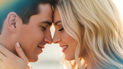 Young couple in love touching foreheads and smiling gently in soft natural light