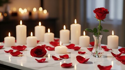 Romantic ambiance with red rose, petals, and glowing candles on a marble surface