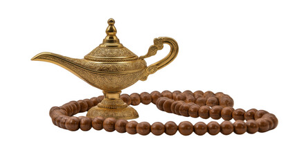 Obraz premium Golden coffee pot with wooden prayer beads, created AI, PNG