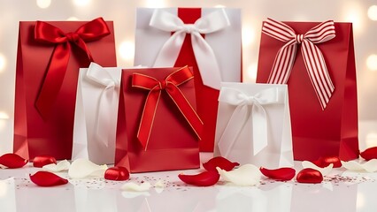 Elegant red and white gift bags with satin ribbons and rose petals for special occasions. Valentine's Day