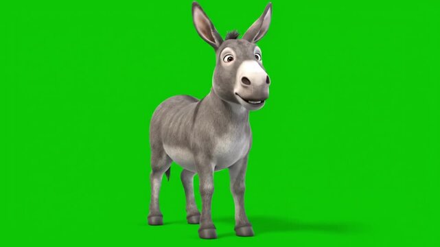 A funny, full-body 3d rendered donkey with gray fur is shown laughing heartily against a bright green screen background for easy chroma keying.