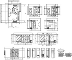 Interior Design Drawing of Dressing Room with Enlarged Furniture Details, Including Floor Plan, Section, and Elevation