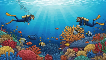 Two divers explore a vibrant coral reef teeming with colorful fish. © Jack